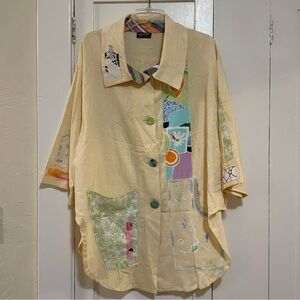 Lee Anderson colorful Patchwork Button-Up linen blouse clay buttons vintage L